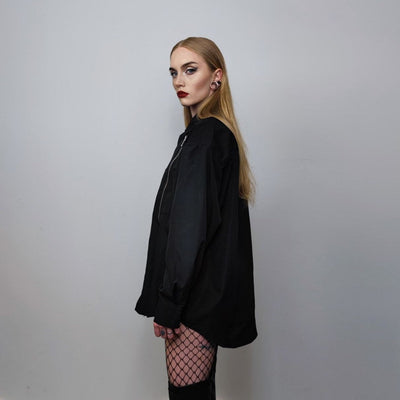 Extreme zipper punk shirt shoulder padded long sleeve gothic blouse party top curved going out jumper fancy dress top in black