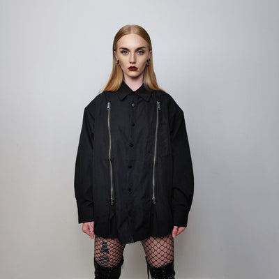 Extreme zipper punk shirt shoulder padded long sleeve gothic blouse party top curved going out jumper fancy dress top in black