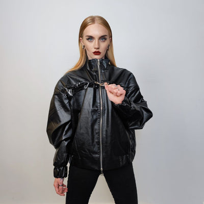 Faux leather utility jacket PU gorpcore chain bomber catwalk varsity cyberpunk bomber grunge party coat unisex premium rocker coat in black