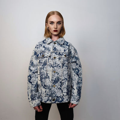 Floral denim jacket embroidered jean bomber retro pattern grunge coat in preppy flower coat in blue