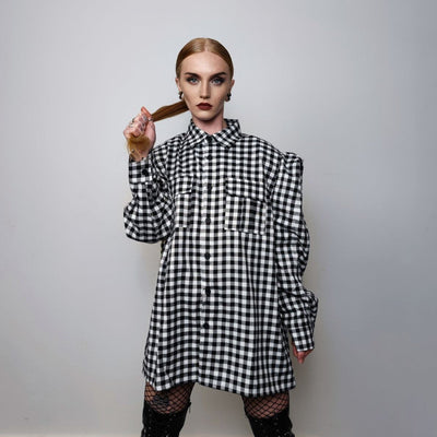 Padded check shirt long sleeve plaid punk top grunge blouse catwalk jumper gingham party top high fashion shirt in black white