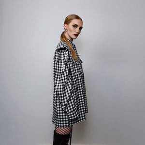 Padded check shirt long sleeve plaid punk top grunge blouse catwalk jumper gingham party top high fashion shirt in black white