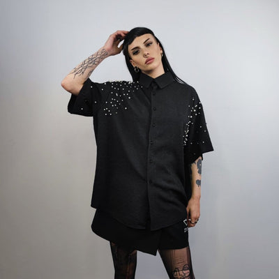 Faux pearl embellished  shirt short baggy sleeves catwalk blouse high fashion grunge jumper fancy dress party top in black