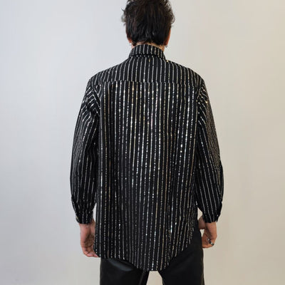 Metallic glitter shirt long sleeve striped blouse grunge catwalk jumper shiny silver party top curved button up festival top in black