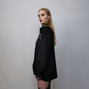 Utility shirt metal patch long sleeve blouse gorpcore party top big pocket fancy dress going out jumper in black