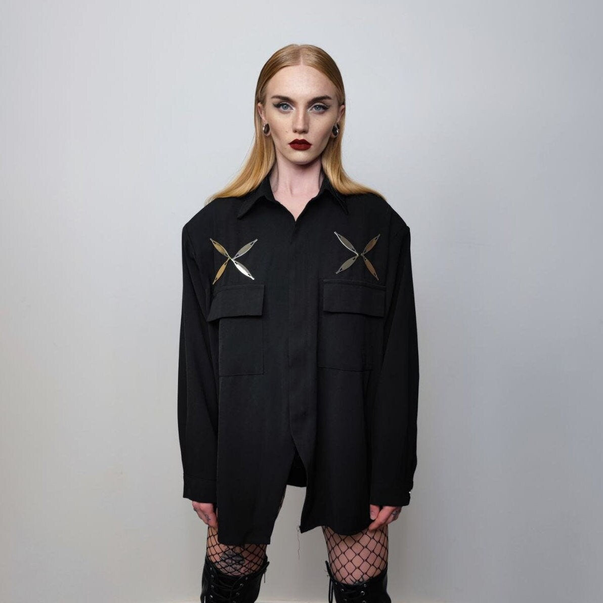 Utility shirt metal patch long sleeve blouse gorpcore party top big pocket fancy dress going out jumper in black