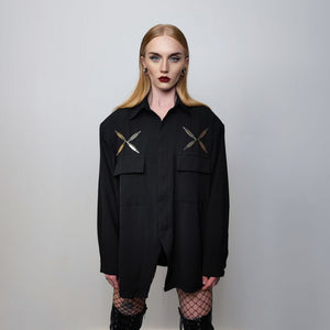 Utility shirt metal patch long sleeve blouse gorpcore party top big pocket fancy dress going out jumper in black