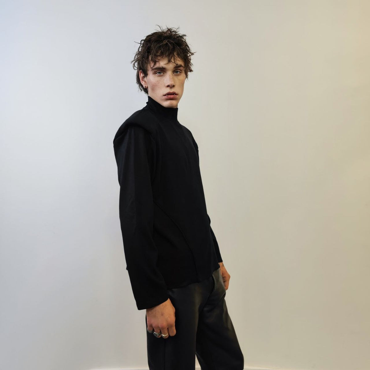 Shoulder padded turtleneck Gothic top kimono jumper long sleeve punk tee going out raised neck t-shirt in black