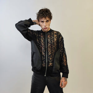 Transparent varsity jacket sheer bomber  see-through crotchet jacket gothic coat going out college bomber catwalk party mesh jacket in black