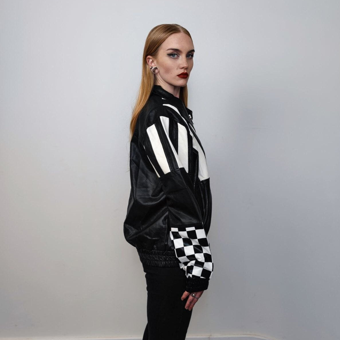 Faux leather motor sport jacket F1 racing jacket check print PU motocross bomber utility varsity catwalk coat grunge motorcycle jacket black