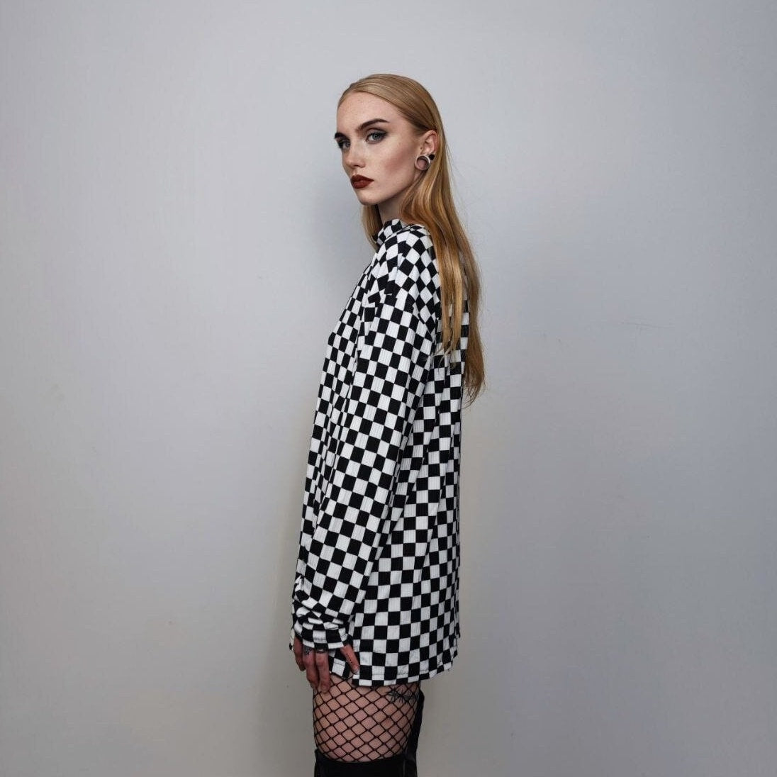 Check print turtleneck sweatshirt thin chequerboard  top textured long sleeve tee premium quality elastic punk t-shirt in black and white