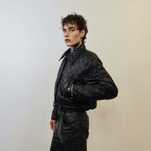 Cropped bomber jacket quilted short puffer grunge rocker coat textured aviator jacket utility gorpcore jacket in black