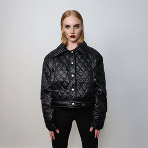 Cropped bomber jacket quilted short puffer grunge rocker coat textured aviator jacket utility gorpcore jacket in black