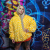 Check fleece jacket handmade detachable neon fluffy geometric bomber faux fur chequerboard coat 2 in 1 festival jacket yellow white