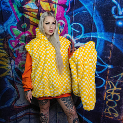 Check fleece jacket handmade detachable neon fluffy geometric bomber faux fur chequerboard coat 2 in 1 festival jacket yellow white