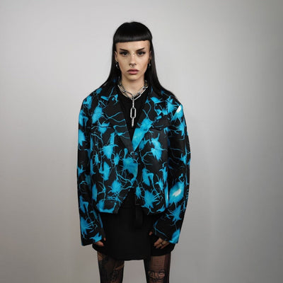 Thunder print cropped blazer grunge punk jacket catwalk bomber cyberpunk jacket lighting strike pattern raver coat in black blue