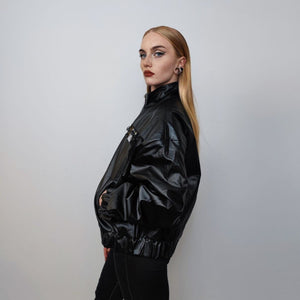 Faux leather utility jacket PU gorpcore chain bomber catwalk varsity cyberpunk bomber grunge party coat unisex premium rocker coat in black