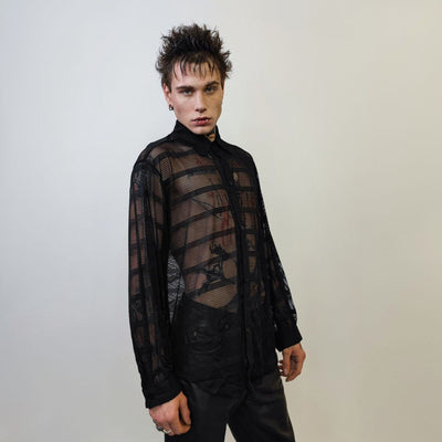 Baggy mesh shirt long sleeve transparent blouse see-through oversize gothic top sheer sweatshirt crotchet jumper in black