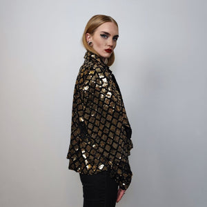 Sequin jacket cropped party blazer embellished bomber grunge sparkly aviator catwalk coat premium going out varsity glam rocker coat in gold