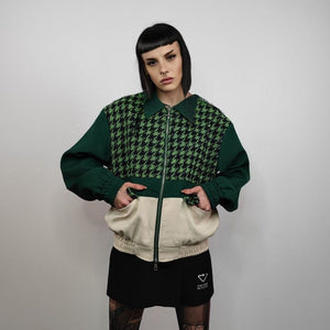 Houndstooth varsity jacket contrast stitching faux leather bomber grunge dogtooth utility coat premium retro aviator jacket in green