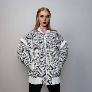 SKA check bomber jacket checkboard puffer psychedelic print coat grunge varsity utility coat racing pattern bomber in white black