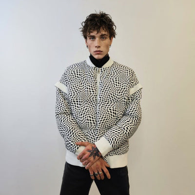 SKA check bomber jacket checkboard puffer psychedelic print coat grunge varsity utility coat racing pattern bomber in white black