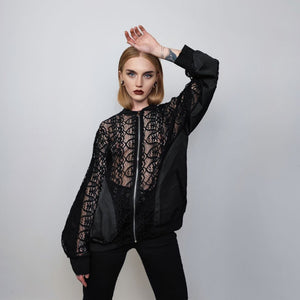 Transparent varsity jacket sheer bomber  see-through crotchet jacket gothic coat going out college bomber catwalk party mesh jacket in black