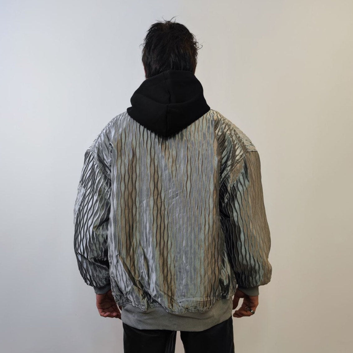 Metallic varsity jacket thin college bomber textured oversize utility jacket going out coat party jacket grunge shiny blazer in silver grey