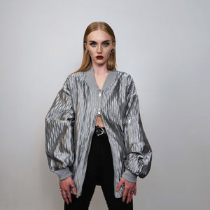 Metallic varsity jacket thin college bomber textured oversize utility jacket going out coat party jacket grunge shiny blazer in silver grey