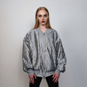 Metallic varsity jacket thin college bomber textured oversize utility jacket going out coat party jacket grunge shiny blazer in silver grey