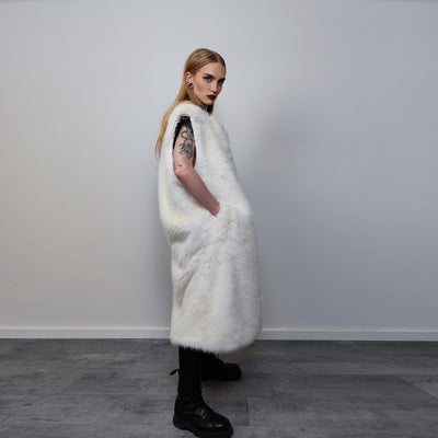 Long faux fur coat handmade longline fluffy luxury rave bomber premium party fleece jacket detachable sleeve going out trench in white cream