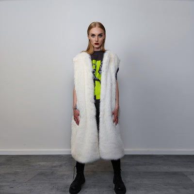 Long faux fur coat handmade longline fluffy luxury rave bomber premium party fleece jacket detachable sleeve going out trench in white cream