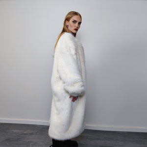 Long faux fur coat handmade longline fluffy luxury rave bomber premium party fleece jacket detachable sleeve going out trench in white cream