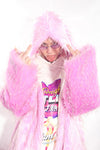 Festival shaggy faux fur longline jacket fluorescent raver bomber fluffy raver coat fleece party bomber neon burning man coat in pastel pink