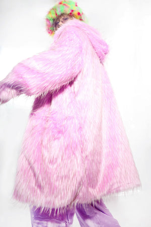 Festival shaggy faux fur longline jacket fluorescent raver bomber fluffy raver coat fleece party bomber neon burning man coat in pastel pink