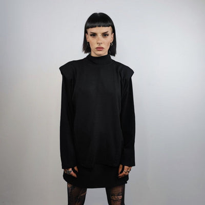 Shoulder padded turtleneck Gothic top kimono jumper long sleeve punk tee going out raised neck t-shirt in black