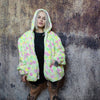 Detachable fleece jacket handmade fluorescent fluffy bomber faux fur rabbit slogan premium slogan coat in festival jacket neon yellow pink