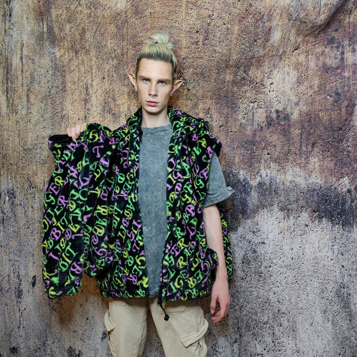 Detachable fleece jacket handmade fluorescent fluffy bomber faux fur rabbit slogan premium slogan coat in festival jacket neon green black