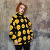 Emoji print fleece jacket fluffy smile bomber festival varsity raised neck cartoon track jacket grunge geometric coat in black yellow