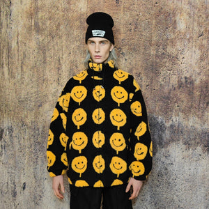 Emoji print fleece jacket fluffy smile bomber festival varsity raised neck cartoon track jacket grunge geometric coat in black yellow