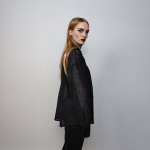 See-through shirt long sleeve transparent blouse sheer party top curved button up transparent festival mesh top in black