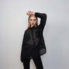 See-through shirt long sleeve transparent blouse sheer party top curved button up transparent festival mesh top in black