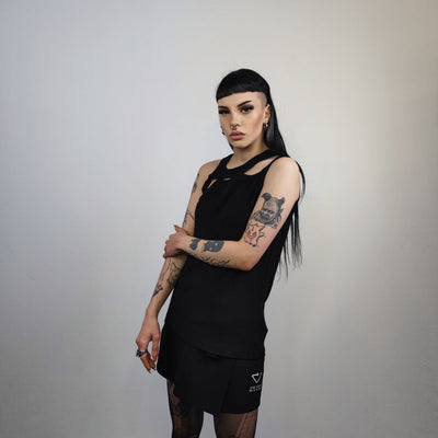 Asymmetric t-shirt cutout sleeveless top utility blouse ripped tank top gothic surfer vest grunge punk tee in black