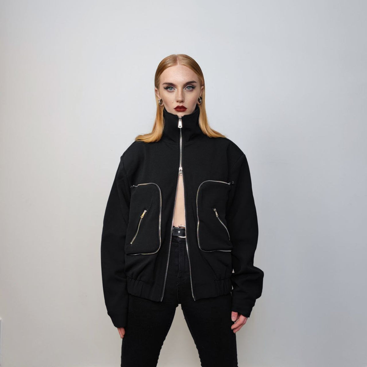 Utility bomber jacket cargo pocket track jacket gorpcore coat raised neck grunge varsity going out coat catwalk jacket in black