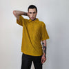 Shoulder padded polo shirt short sleeve textured blouse check party top grunge button up retro festival top in yellow