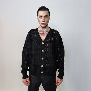 Mesh cardigan transparent sweater distressed knitted jumper textured see-through grunge top punk sweatshirt in black