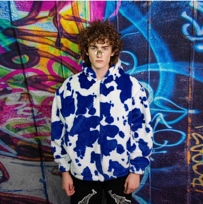 Cow print fleece jacket handmade detachable fluorescent fluffy bomber faux fur animal print  coat in 2 in 1 festival jacket in blue white