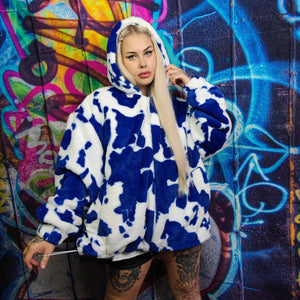 Cow print fleece jacket handmade detachable fluorescent fluffy bomber faux fur animal print  coat in 2 in 1 festival jacket in blue white