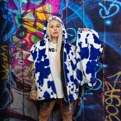 Cow print fleece jacket handmade detachable fluorescent fluffy bomber faux fur animal print  coat in 2 in 1 festival jacket in blue white