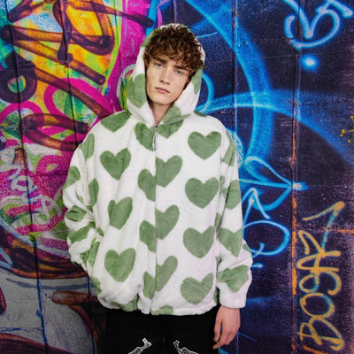 Heart print fleece jacket handmade detachable fluorescent fluffy geometric bomber faux fur love coat in 2 in 1 festival jacket green white